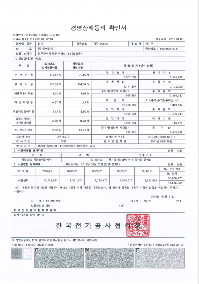 전기 경영상태 등의 확인서