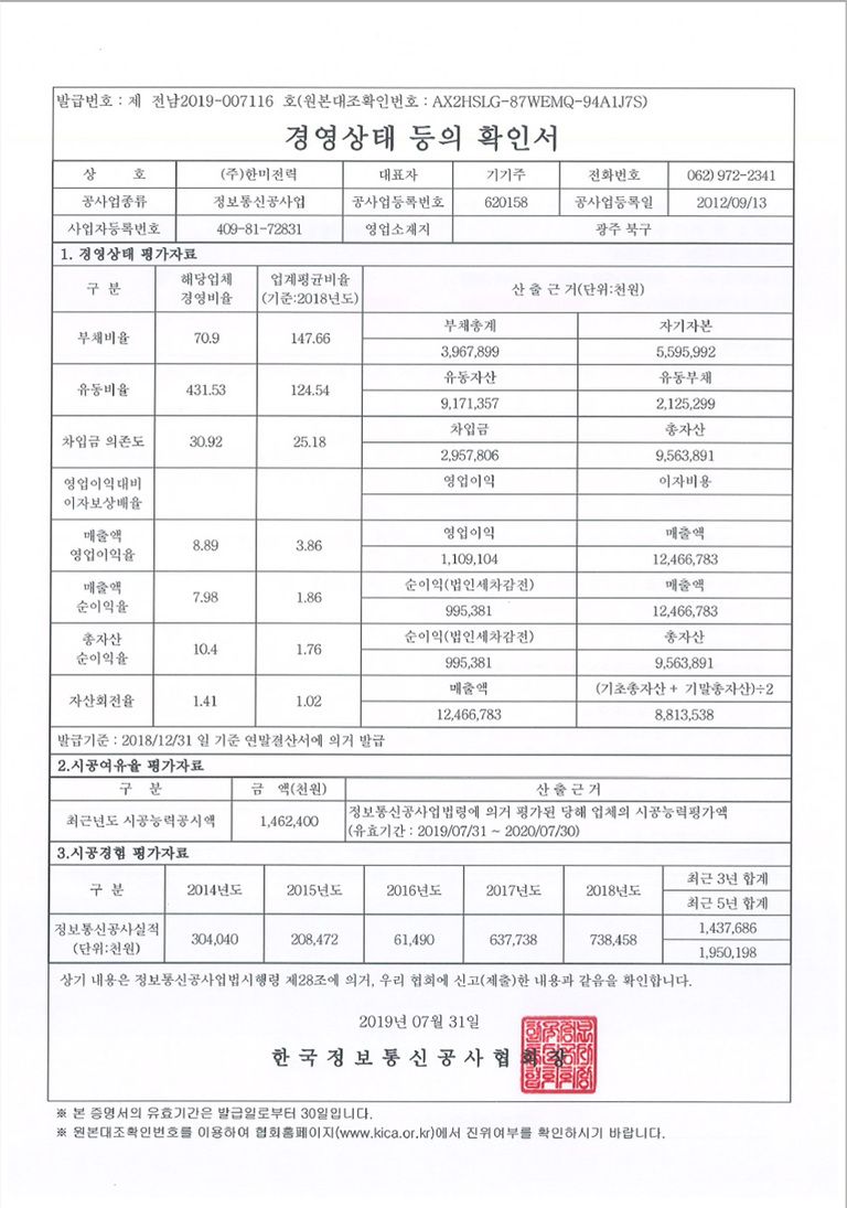 정보통신 경영상태 등의 확인서