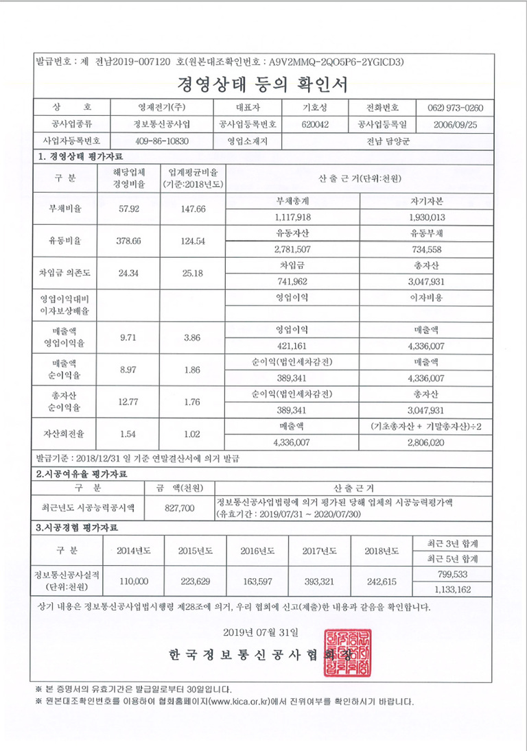 정보통신 경영상태 등의 확인서